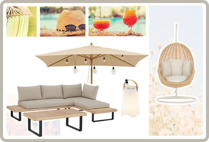 Moodboard mit Gartenlounge, Sonnenschirm, Hängesessel und beleuchtetem Sektkühler